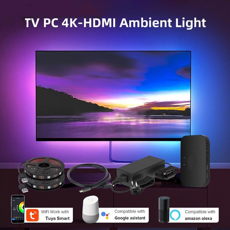 Ambient background LED strip with synchronised colours with TV and computer screen